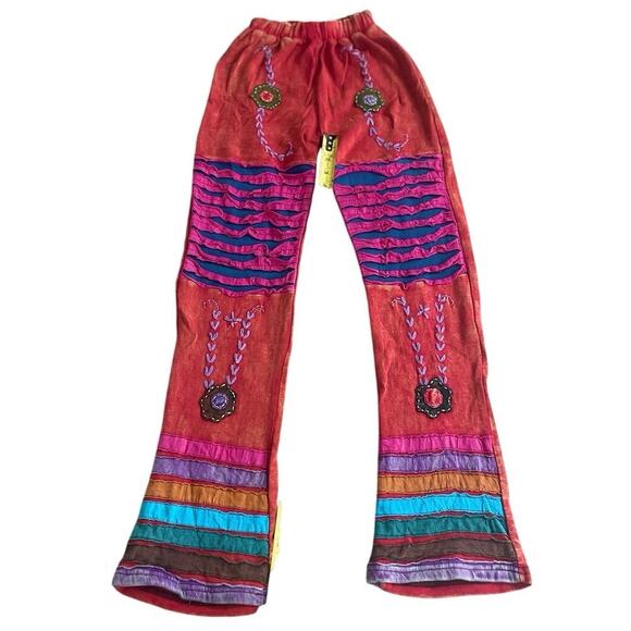 Y2K 90’s Groovy Hippie Pants Embroidered Patchwork Gypsy Colorful Sz S Flare - Picture 10 of 14